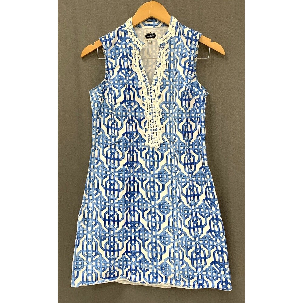 Mud Pie Kate Cotton Crochet Shift Dress Sz S Blue White Painterly Lattice Resort